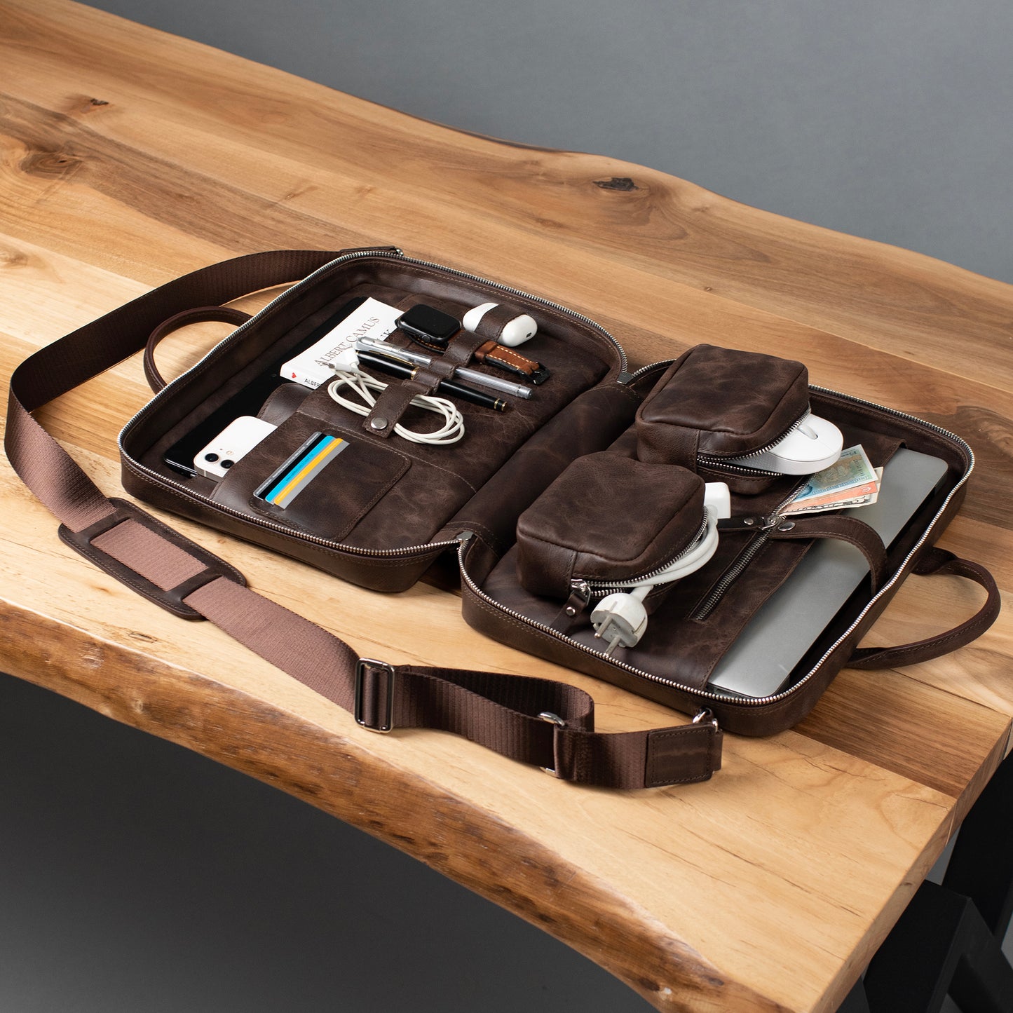Hakiki Deri Prime Organizer Laptop Çantası Kahverengi