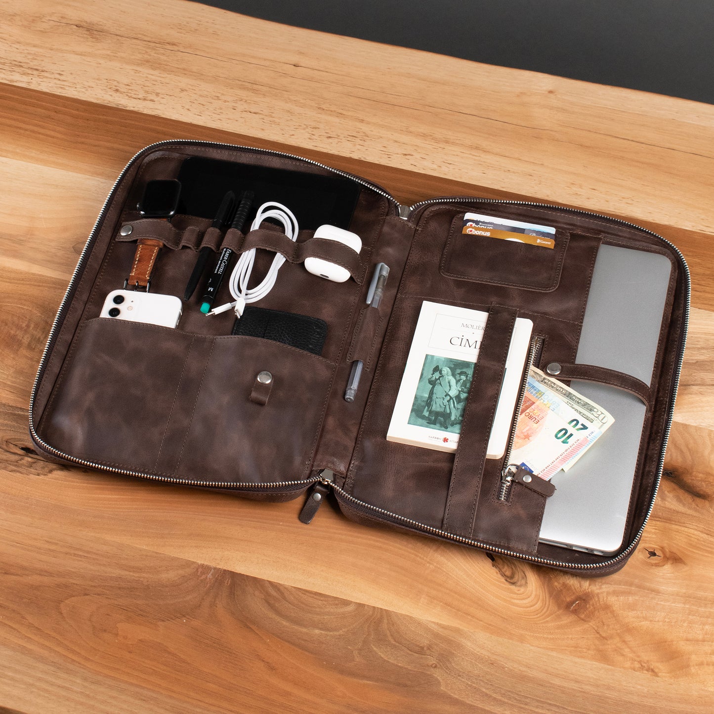Hakiki Deri 14" SlimBag Organizer MacBook Çantası Kahverengi