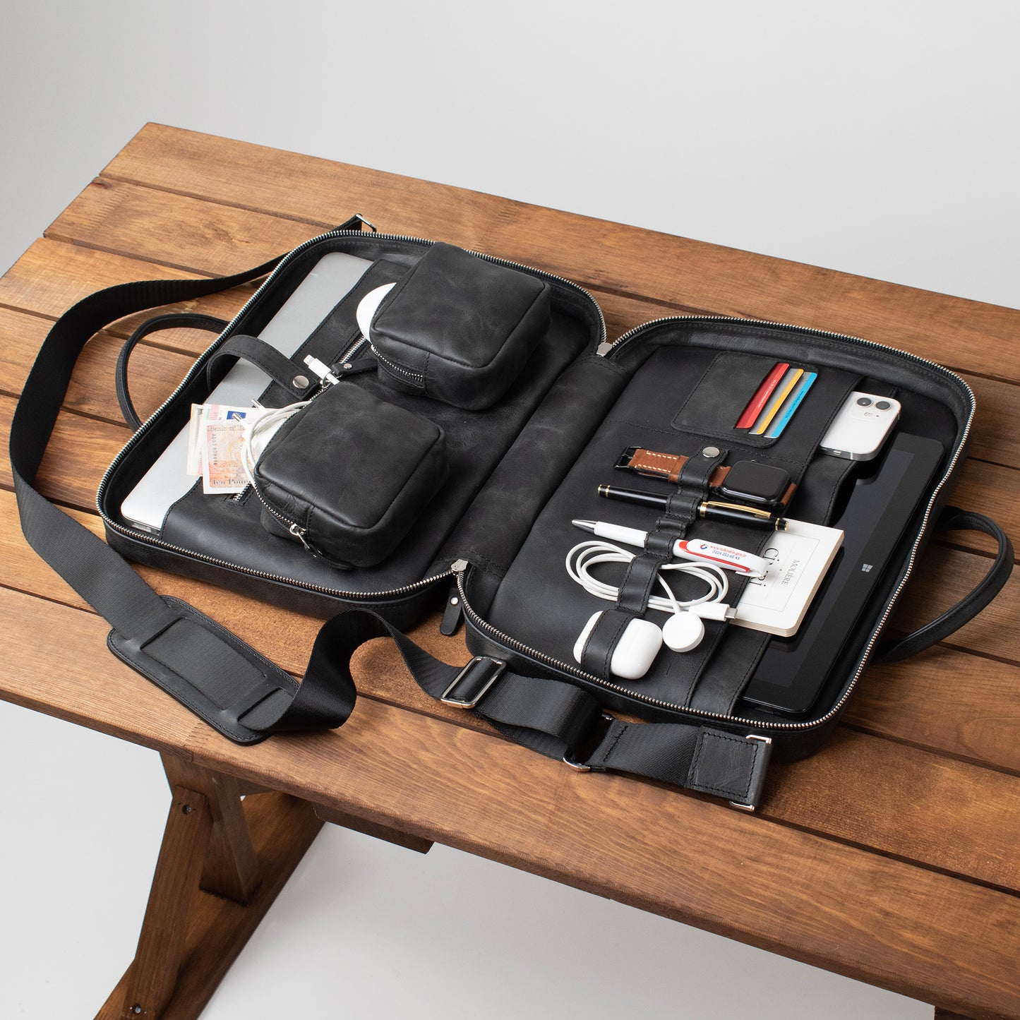 Hakiki Deri Prime Organizer Laptop Çantası Antrasit Siyah