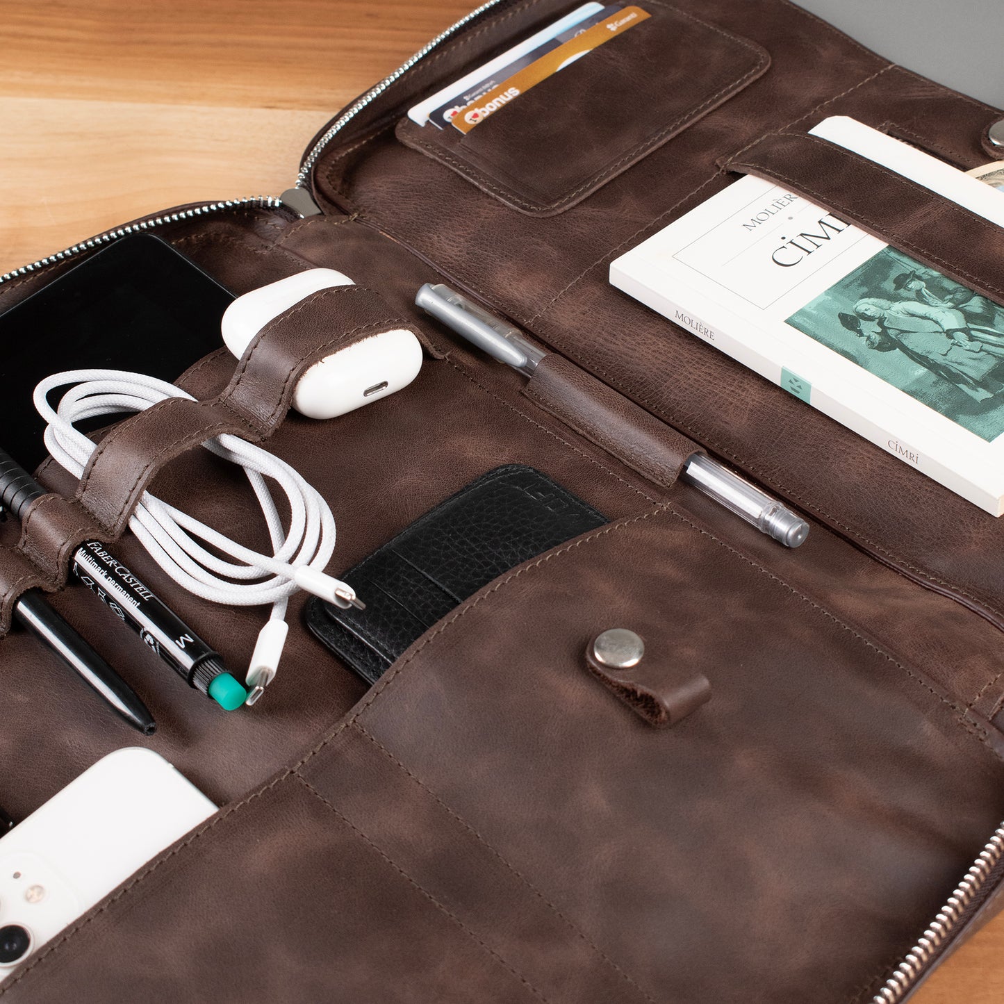 Hakiki Deri 14" SlimBag Organizer MacBook Çantası Kahverengi