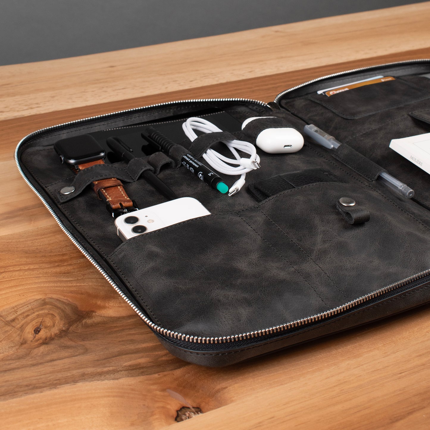Hakiki Deri 14" SlimBag Organizer MacBook Çantası Antrasit