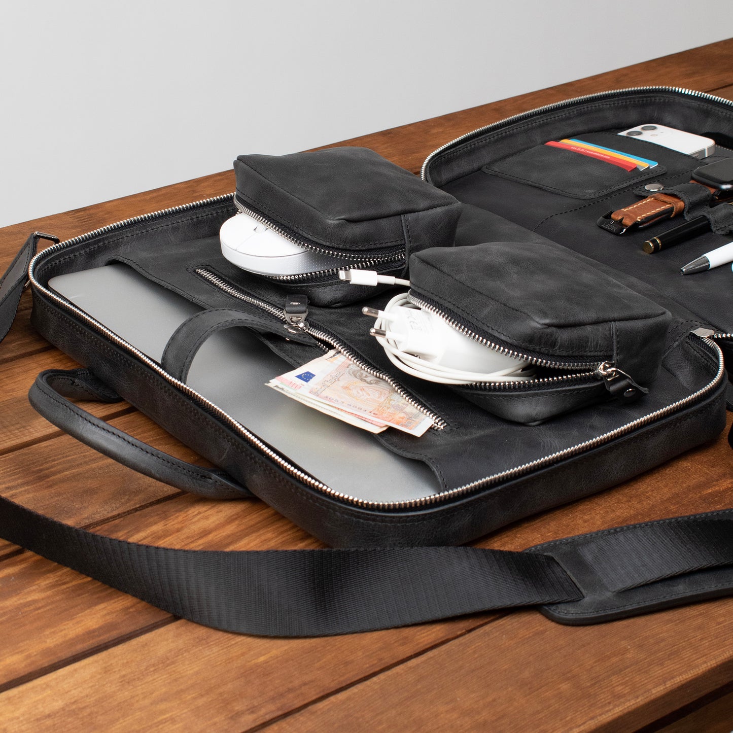 Hakiki Deri Prime Organizer Laptop Çantası Antrasit Siyah