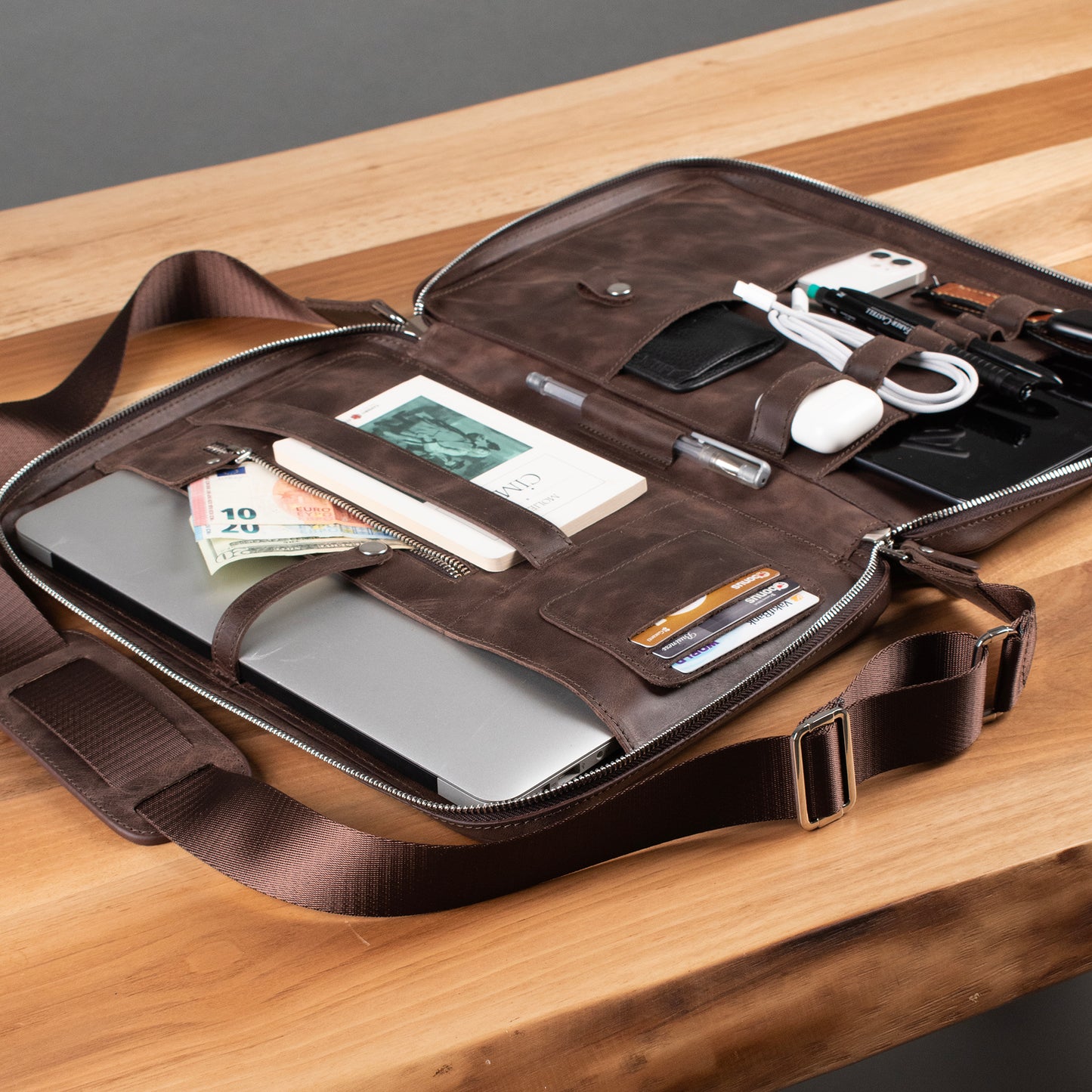 Hakiki Deri 14" SlimBag Organizer MacBook Çantası Kahverengi
