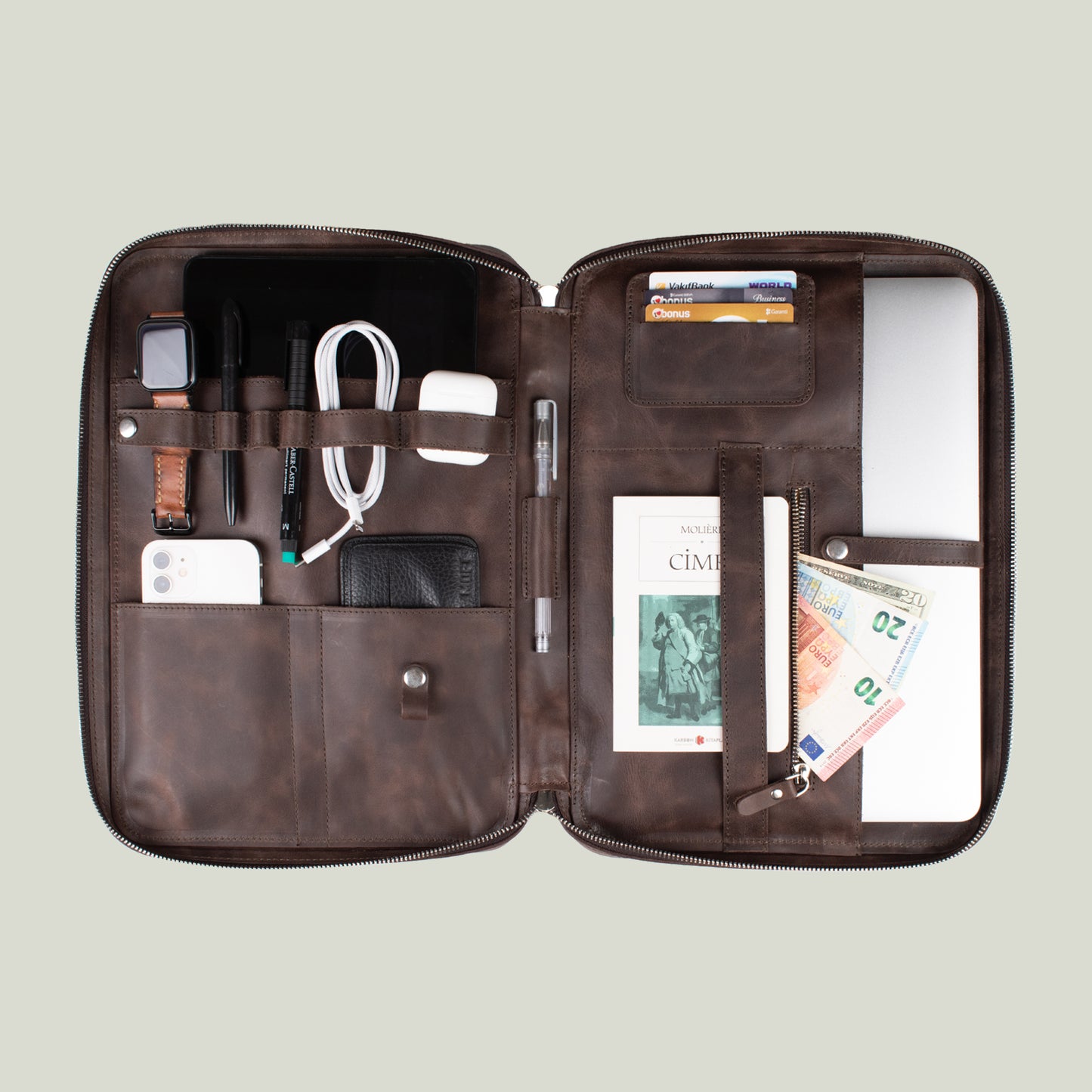 Hakiki Deri 14" SlimBag Organizer MacBook Çantası Kahverengi