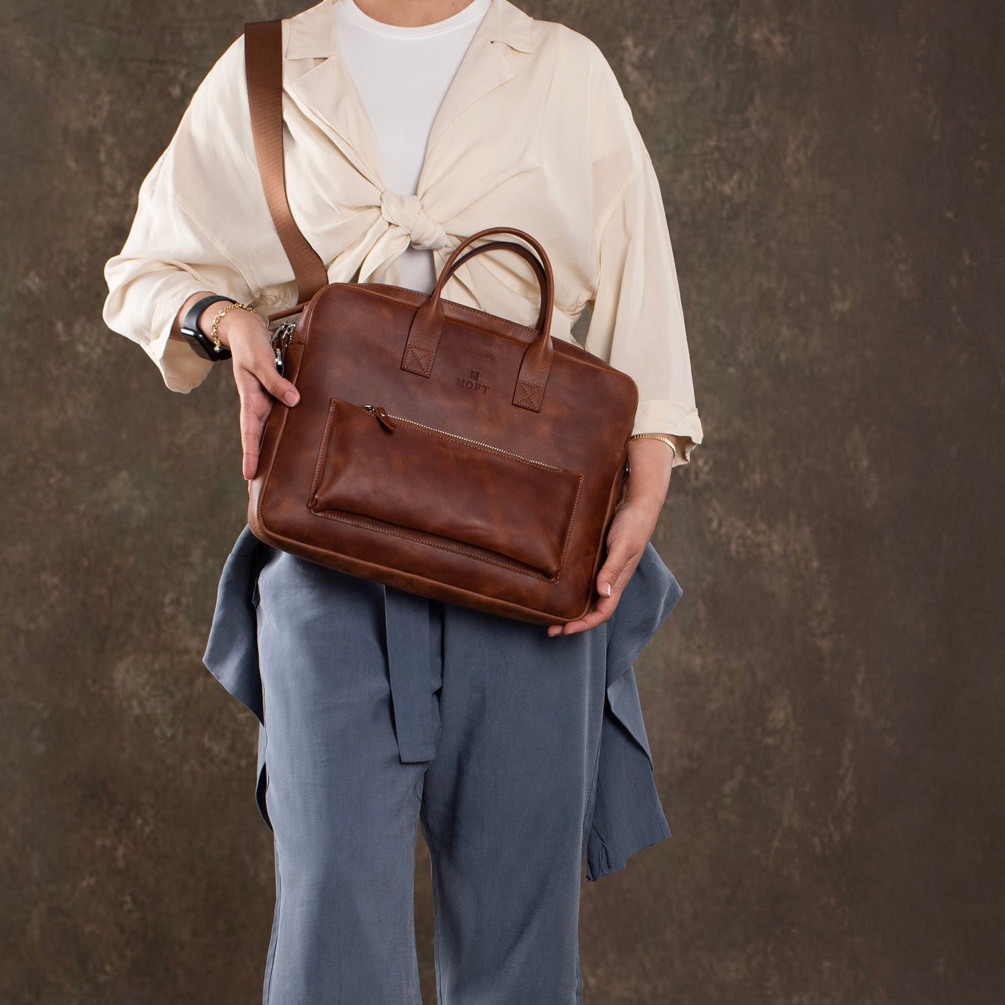 Genuine Leather Designer Briefcase Brown