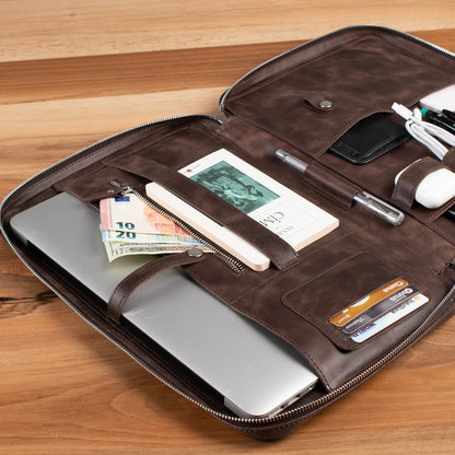 Hakiki Deri 14" SlimBag Organizer MacBook Çantası Kahverengi
